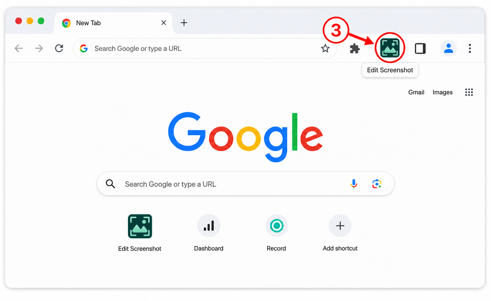 Chrome toolbar with the pinned Edit Screenshot extension icon highlighted