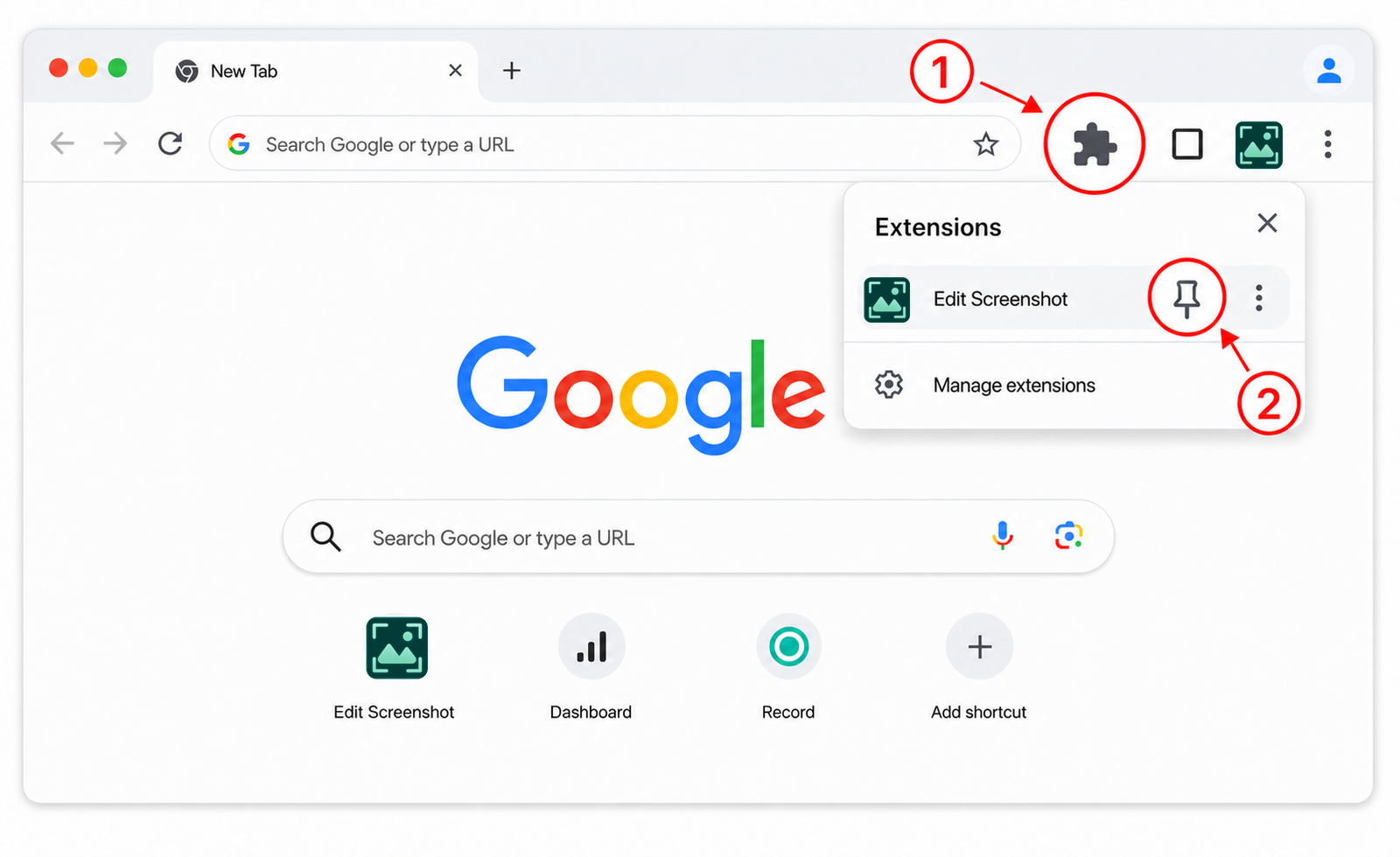 Chrome extensions menu showing the puzzle icon and pin action for Edit Screenshot